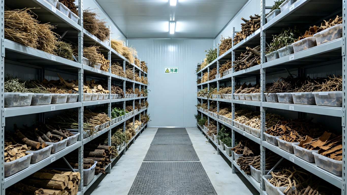 Moisture proof raw material warehouse with bulk botanical herbal raw materials, clean and dry plant material storage workshop for extract factory