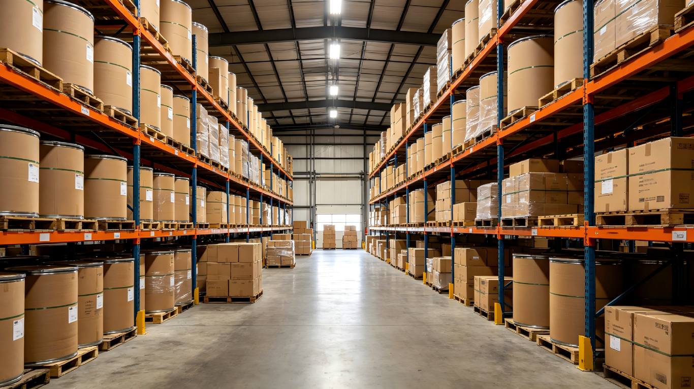 Standard finished product warehouse with paper drum and carton packaging, clean tidy storage for plant extract finished goods